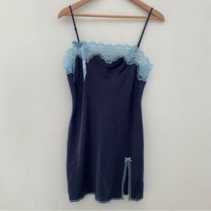 Victoria’s Secret Dark Blue Nightie Slip Dress Light Blue Lace Trim SZ Medium